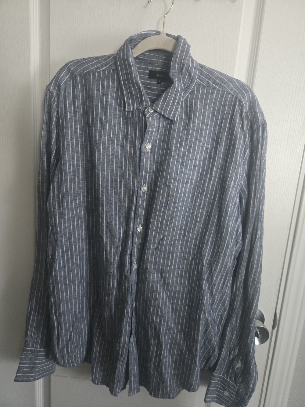Quince Blue and White Stripe Button-Down Shirt 100% Linen